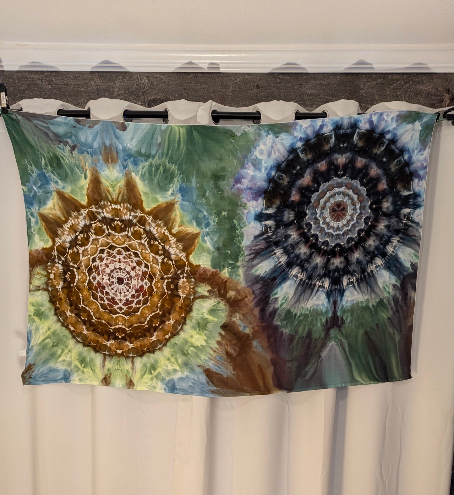 Black & Tan Dual Mandalas - Soft Rayon Ice Dyed Tapestry / Sarong