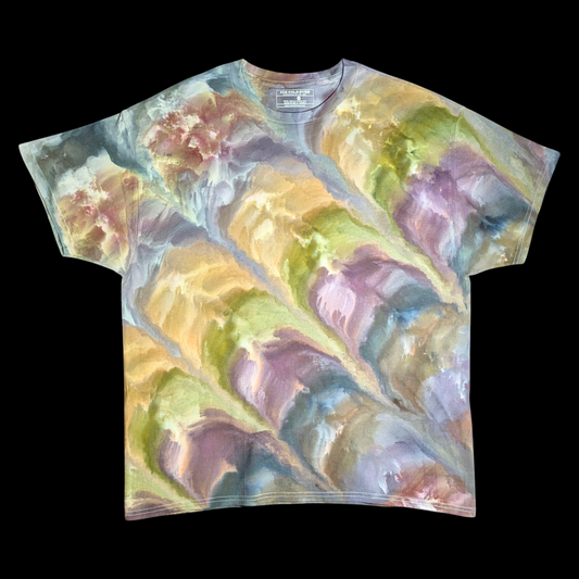 T-shirt with a colorful abstract design on a black background