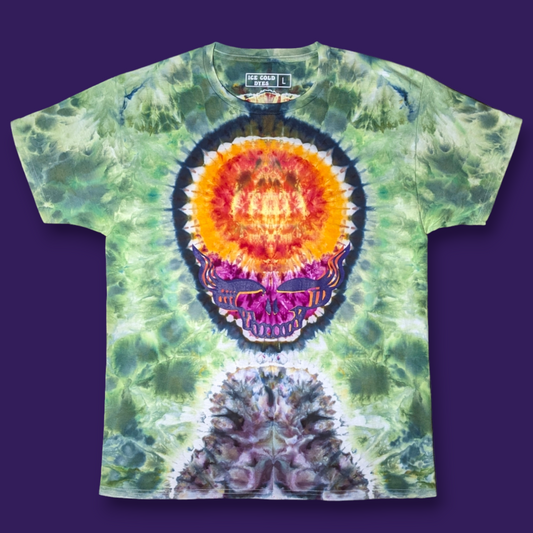 Stealie on the Mountain in Green Liquid - Large Grateful Dead Inspired Ice Dyed Shirt