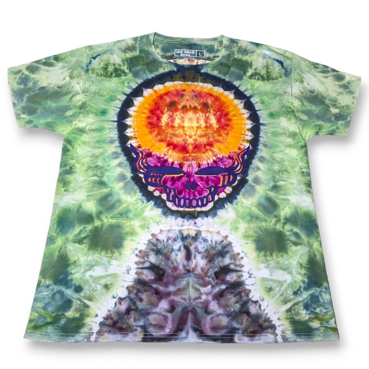 Stealie on the Mountain in Green Liquid - Large Grateful Dead Inspired Ice Dyed Shirt