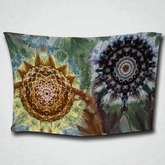 Black & Tan Dual Mandalas - Soft Rayon Ice Dyed Tapestry / Sarong