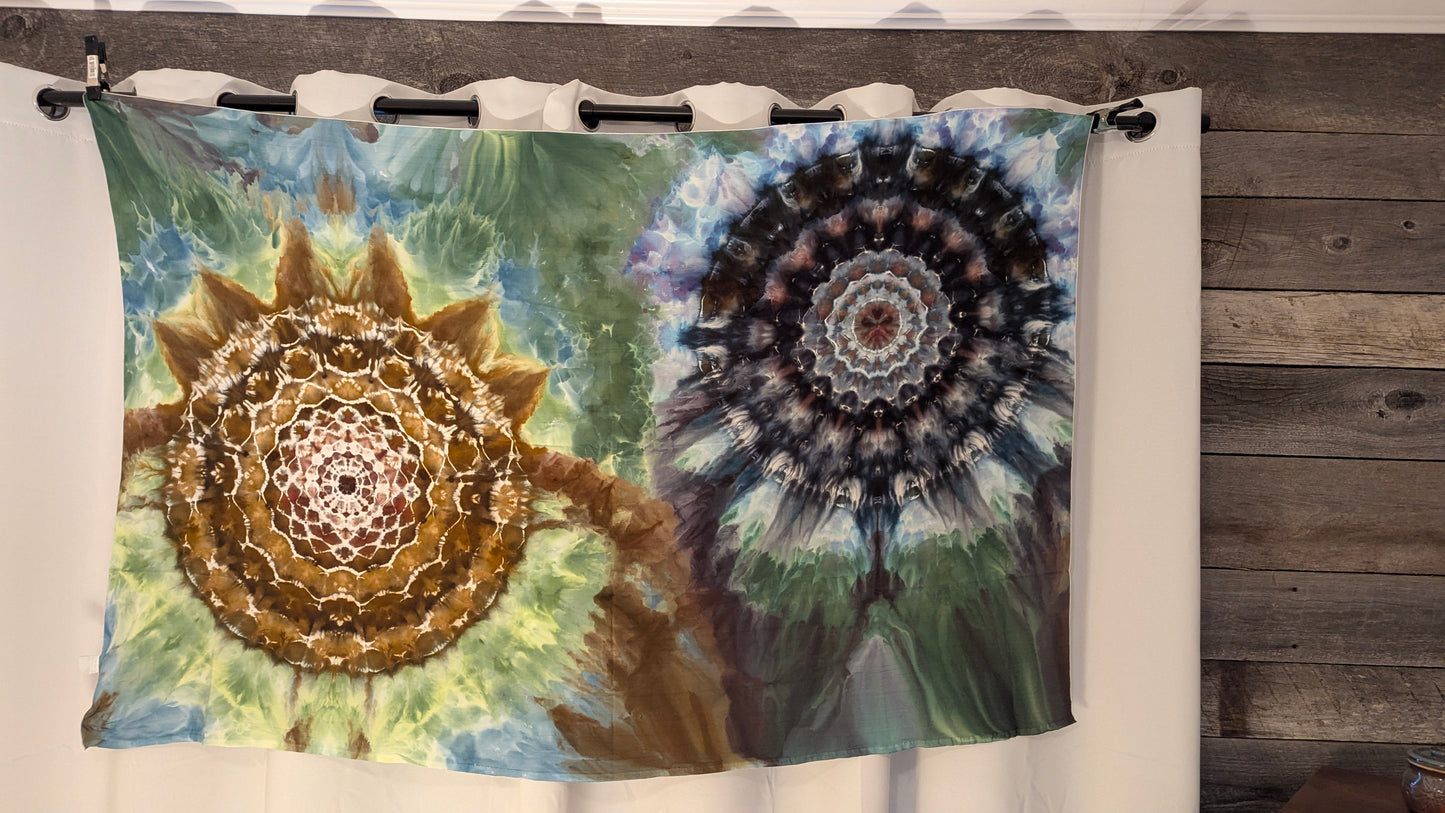 Black & Tan Dual Mandalas - Soft Rayon Ice Dyed Tapestry / Sarong