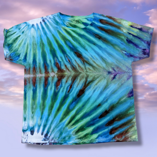 Earth Tone Blue Green Double Fan Ice Dyed Shirt - XL